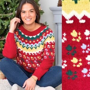 Paw Print Fair Isle Sweater Women L Thick Red Animal Lover Dog Cat Rescue Nordic
